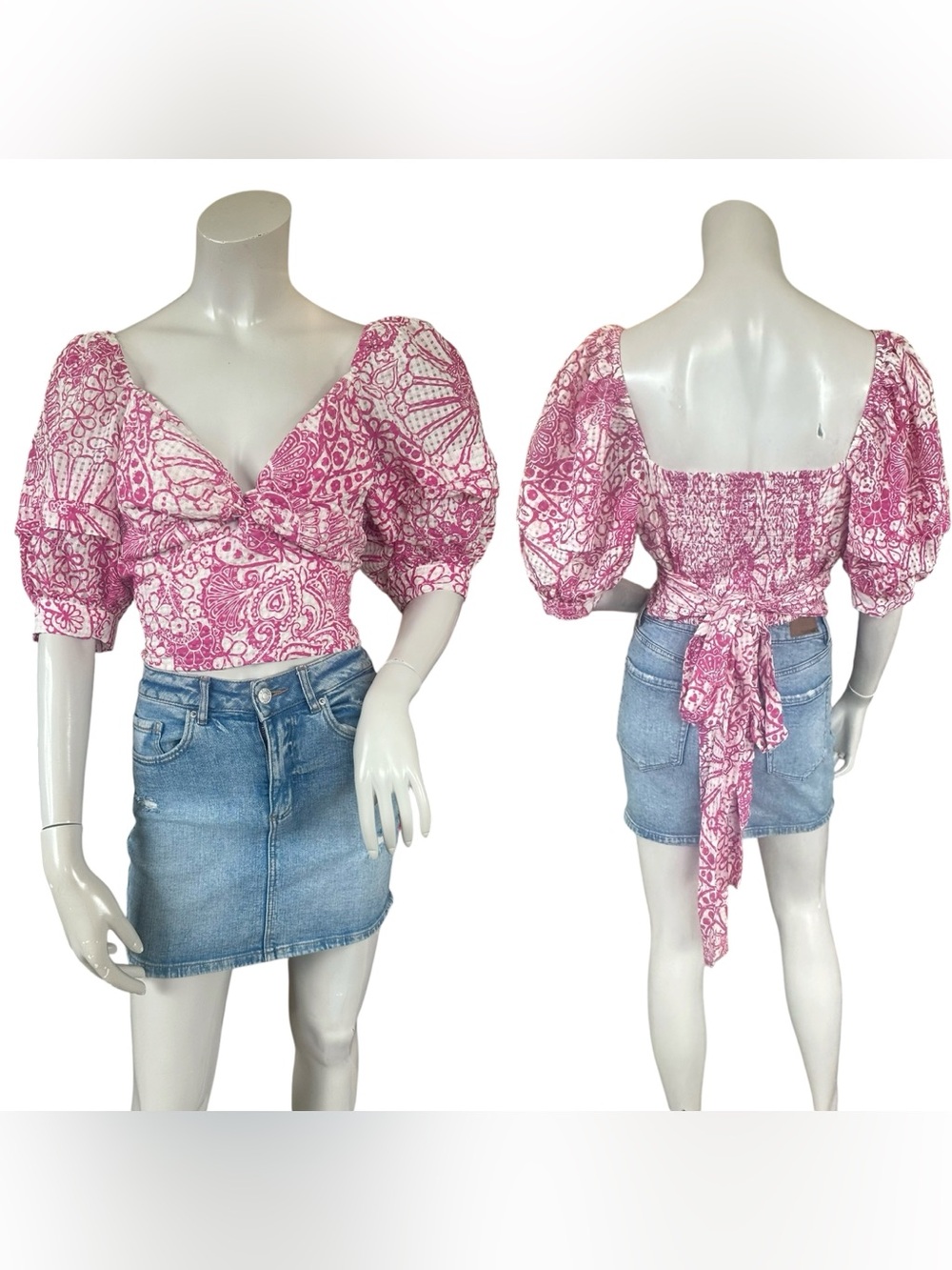 Anthropologie Maeve Pink White Floral Tie Back Puff Sleeve Crop Top Medium